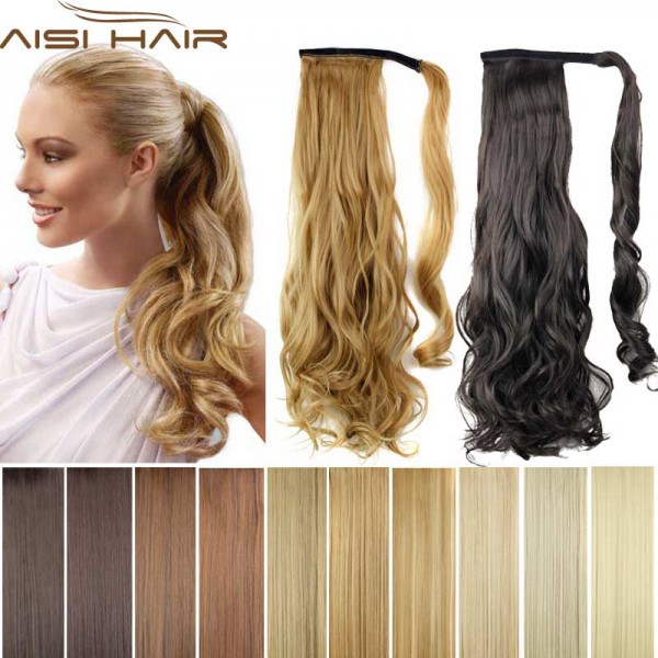 Synthetic Long Wavy Clip In Wrap Around Ponytail Fake Hair Extension False Hair Ponytails Pad Hairpiece pony Tail Curly Piece