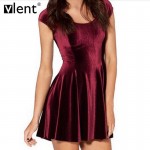 Sytiz Sexy Velvet Pleated Dress Summer Wine Red Short Sleeve O-Neck Club Wear Brand Quality Party Elegnat High Waist Women Dress