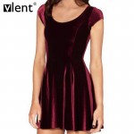 Sytiz Sexy Velvet Pleated Dress Summer Wine Red Short Sleeve O-Neck Club Wear Brand Quality Party Elegnat High Waist Women Dress