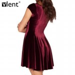 Sytiz Sexy Velvet Pleated Dress Summer Wine Red Short Sleeve O-Neck Club Wear Brand Quality Party Elegnat High Waist Women Dress