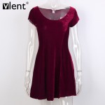 Sytiz Sexy Velvet Pleated Dress Summer Wine Red Short Sleeve O-Neck Club Wear Brand Quality Party Elegnat High Waist Women Dress