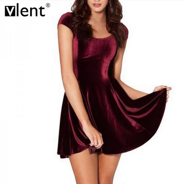 Sytiz Sexy Velvet Pleated Dress Summer Wine Red Short Sleeve O-Neck Club Wear Brand Quality Party Elegnat High Waist Women Dress