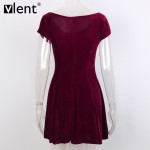 Sytiz Sexy Velvet Pleated Dress Summer Wine Red Short Sleeve O-Neck Club Wear Brand Quality Party Elegnat High Waist Women Dress