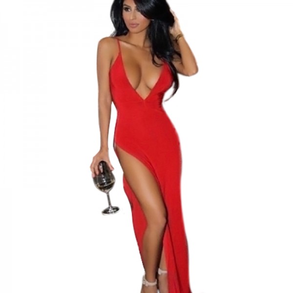 Sytiz Summer Blue Womens Sexy Dresses Party Night Club Plus Size Women V Neck Long Red Bandage Dress Open Split Vintage Vestidos