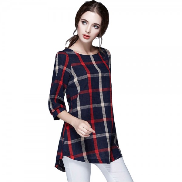 T Shirt Femme Autumn Cotton Linen Three Quarter Sleeve Casual Vintage Loose Plaid Women Tops&Tees Plus Size Oversized Shirts