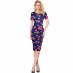 T'O 2016 New Hot Europe Fashion Round Neck Rose Flower Print Short Sleeve Pink/Khaki/Blue/White Casual Work Party Dresses 240