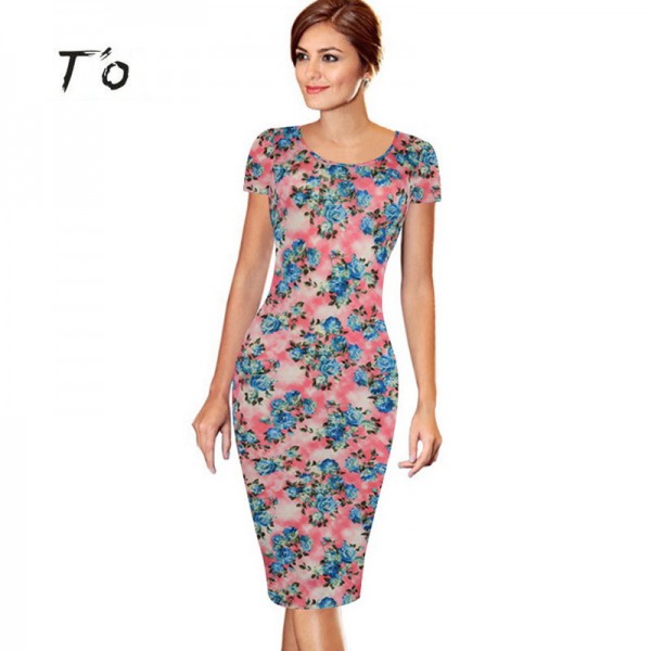 T'O 2016 New Hot Europe Fashion Round Neck Rose Flower Print Short Sleeve Pink/Khaki/Blue/White Casual Work Party Dresses 240