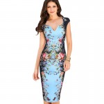 T'O 2016 Summer Elegant Floral Butterfly Print Deep V Neck Charming Cap Sleeve 3XL Casual Party Club Bodycon Sheath Dress 164