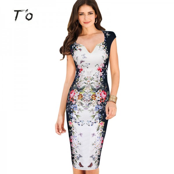 T'O 2016 Summer Elegant Floral Butterfly Print Deep V Neck Charming Cap Sleeve 3XL Casual Party Club Bodycon Sheath Dress 164