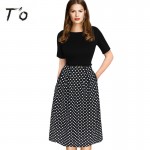 T'O Elegant Spring Fall Polka Dot Patchwork Tunic Pinup Half Sleeve Pocket High Waist Work Office Casual Party Skater Dress 225