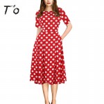 T'O Elegant Spring Fall Polka Dot Patchwork Tunic Pinup Half Sleeve Pocket High Waist Work Office Casual Party Skater Dress 225