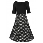 T'O Elegant Spring Fall Polka Dot Patchwork Tunic Pinup Half Sleeve Pocket High Waist Work Office Casual Party Skater Dress 225