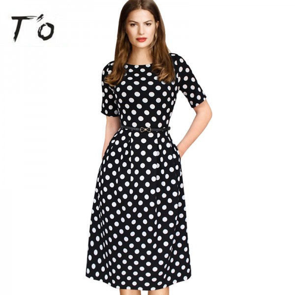 T'O Elegant Spring Fall Polka Dot Patchwork Tunic Pinup Half Sleeve Pocket High Waist Work Office Casual Party Skater Dress 225