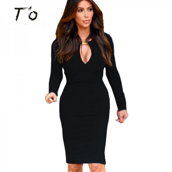 T'O New Fashion Autumn Solid Color Long Sleeve dress Women Business Kim Kardashian Keyhole Bodycon Pencil Dress 110