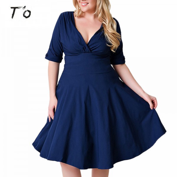 T'O Plus Size Swing Dress 4XL 5XL 6XL 7XL 8XL Retro 1950s Pinup Ruffle V Neck Stretchy Half Sleeve Party Casual Work Dresses 310