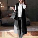 TANGNEST 2017 Autumn Long Vest Women Black Turn-down Collar Belt Double-breasted Workwear Waistcoat Outwear Feminino WWJ582