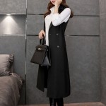 TANGNEST 2017 Autumn Long Vest Women Black Turn-down Collar Belt Double-breasted Workwear Waistcoat Outwear Feminino WWJ582