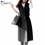 TANGNEST 2017 Autumn Long Vest Women Black Turn-down Collar Belt Double-breasted Workwear Waistcoat Outwear Feminino WWJ582