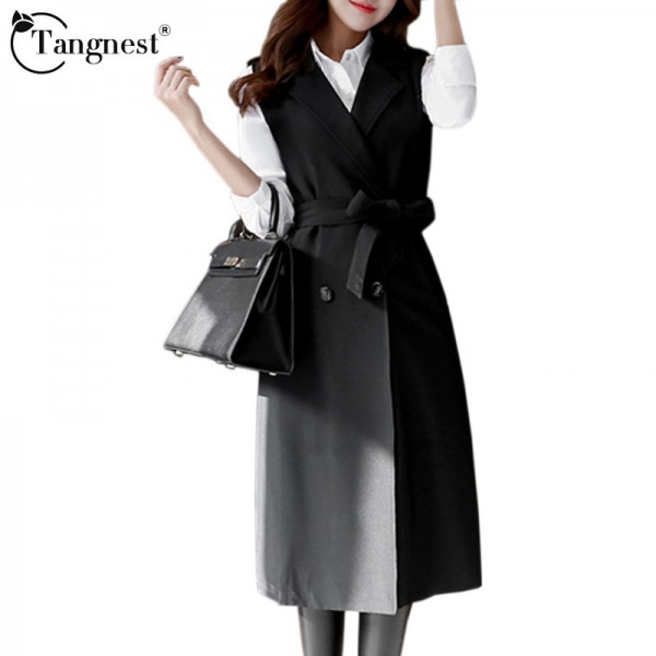 TANGNEST 2017 Autumn Long Vest Women Black Turn-down Collar Belt Double-breasted Workwear Waistcoat Outwear Feminino WWJ582