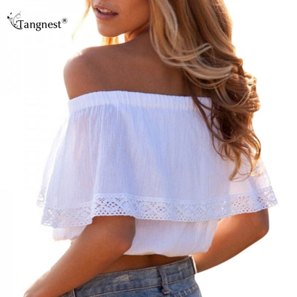 TANGNEST 2017 Summer Slash Neck Off Shoulder Crop Tops S-XL Cotton Ruffles Lace Patchwork Short Shirts Cropped Tanks Top  WTN077