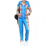 TANGNEST Casacos Femininos 2016 Winter Coat Suit Floral Printed Patchwork Slim Warm Thick Hooded Parka (Coat+Pants) Set WAT270