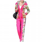 TANGNEST Casacos Femininos 2016 Winter Coat Suit Floral Printed Patchwork Slim Warm Thick Hooded Parka (Coat+Pants) Set WAT270