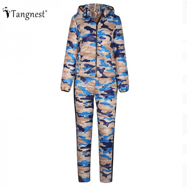 TANGNEST Casacos Femininos 2016 Winter Coat Suit Floral Printed Patchwork Slim Warm Thick Hooded Parka (Coat+Pants) Set WAT270