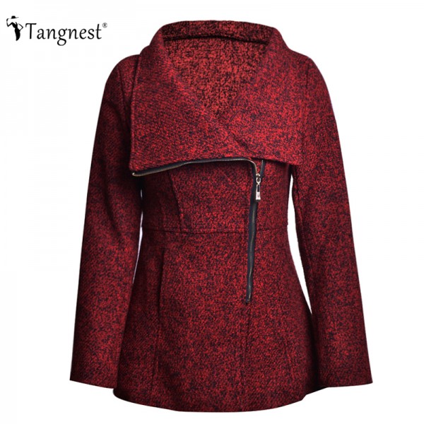 TANGNEST Europe 2015 Autumn Winter Women's Slim Woolen Coats Casual Solid Color Zipper Coat Long Sleeve Turn-Down Collar WWN1047