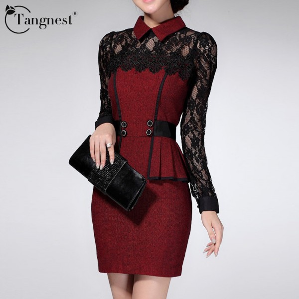 TANGNEST Fashion Women Casual Lace Dress 2017 Spring  Autumn Slim Ruffles OL  Plus Size Office Dresses Vestido De Renda WQL1740