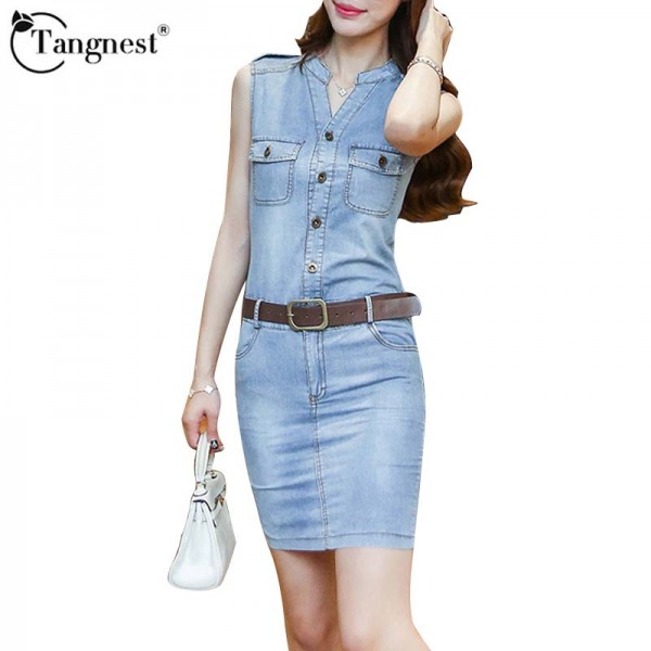 TANGNEST Summer New Fashion 2016 Sleeveless Denim Dress Slim Package Hip  Solid Top Sales Jeans Women Casual Lady Dress WQW1879