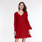 TANGNEST Women Mini Dress 2017 New Spring Summer Sexy European Long Flare Sleeve V-Neck Solid Color Dresses WQL5300