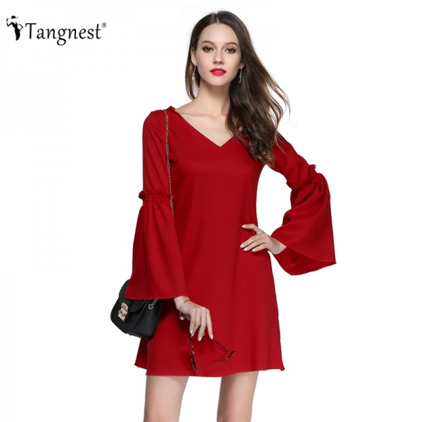 TANGNEST Women Mini Dress 2017 New Spring Summer Sexy European Long Flare Sleeve V-Neck Solid Color Dresses WQL5300