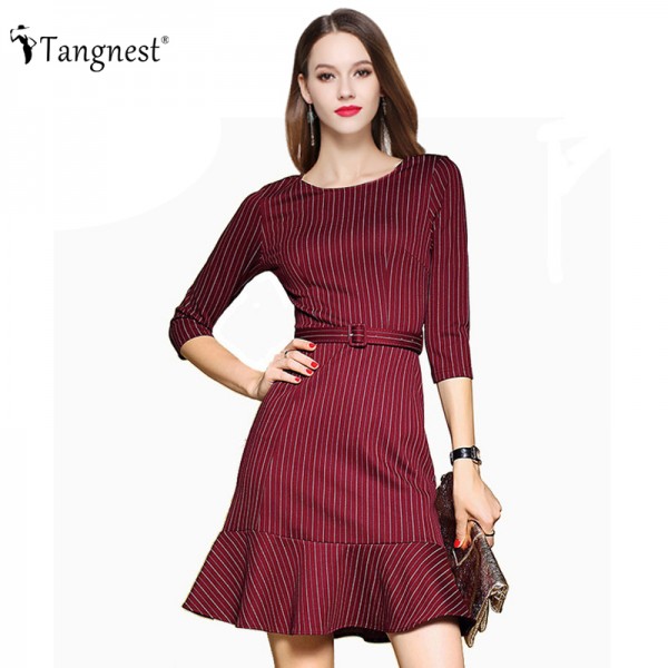 TANGNEST Women Office Ladies Striped Dress 2017 Autumn Silm Mini Trumpet Dresses Half Sleeve Formal Vestidos WQL4865