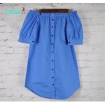 TAOVK 2016 new fashion Russian style Women Dresses Slash Dress with Belt Button blue sleeveless ruffled dress