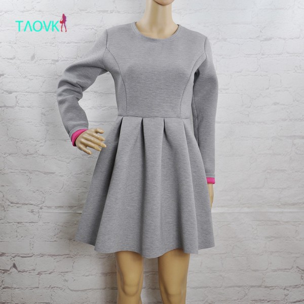 TAOVK 2016 new fashion Russian style women's Gray High waist pleated dress long-sleeve Back zipper dress free shipping