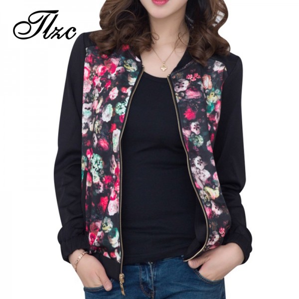 TLZC Spring Autumn Fashion Women Jackets Casual Coats Plus Size L-4XL Flowers Printed Lady Loose Outwear Black