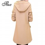 TLZC Women Woolen Hooded Jacket Plus Size L-6XL Black / Khaki New Horn Botton Winter Coat Wide-Waisted Lady Long Outwear