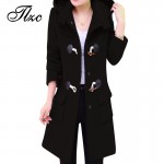 TLZC Women Woolen Hooded Jacket Plus Size L-6XL Black / Khaki New Horn Botton Winter Coat Wide-Waisted Lady Long Outwear