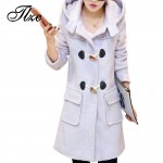 TLZC Women Woolen Hooded Jacket Plus Size L-6XL Black / Khaki New Horn Botton Winter Coat Wide-Waisted Lady Long Outwear