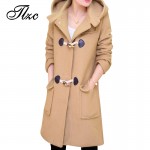 TLZC Women Woolen Hooded Jacket Plus Size L-6XL Black / Khaki New Horn Botton Winter Coat Wide-Waisted Lady Long Outwear