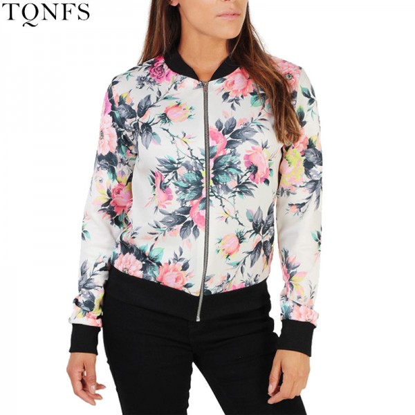 TQNFS Autumn Floral Bomber Jacket women Slim Casual Business Jacket Women Zip Up Biker Coat Outwear Camperas Mujer Abrigo