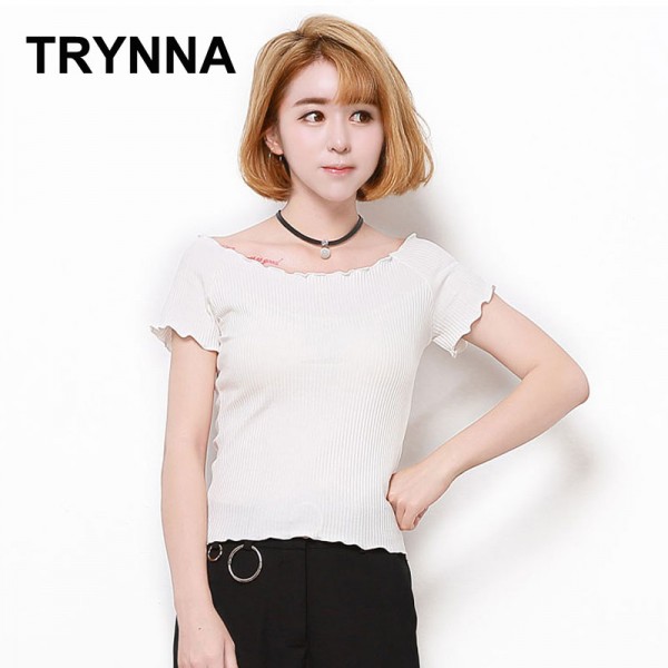 TRYNNA Women Summer Basic T Shirt Ruffles Off Shoulder Collar Candy Color Casual Tee