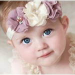 TWDVS  Newborn Flower Elastic Hair Band Headband Kids Chiffon 3 Flower Pearl Diamond Ring Hair Accessories Flower Headbands W045