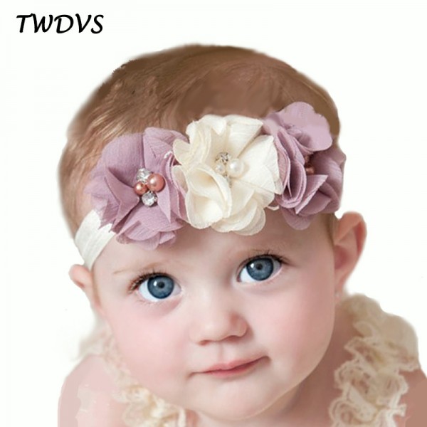 TWDVS  Newborn Flower Elastic Hair Band Headband Kids Chiffon 3 Flower Pearl Diamond Ring Hair Accessories Flower Headbands W045