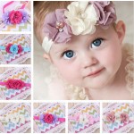 TWDVS  Newborn Flower Elastic Hair Band Headband Kids Chiffon 3 Flower Pearl Diamond Ring Hair Accessories Flower Headbands W045