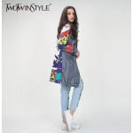 [TWOTWINSLTYLE] Spring Graffiti Print Spliced Ripped Pockets Long Sleeve Denim Trench Coat For Women New Clothing Streetwear