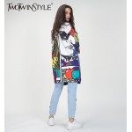 [TWOTWINSLTYLE] Spring Graffiti Print Spliced Ripped Pockets Long Sleeve Denim Trench Coat For Women New Clothing Streetwear