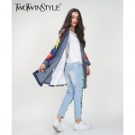 [TWOTWINSLTYLE] Spring Graffiti Print Spliced Ripped Pockets Long Sleeve Denim Trench Coat For Women New Clothing Streetwear