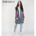 [TWOTWINSLTYLE] Spring Graffiti Print Spliced Ripped Pockets Long Sleeve Denim Trench Coat For Women New Clothing Streetwear