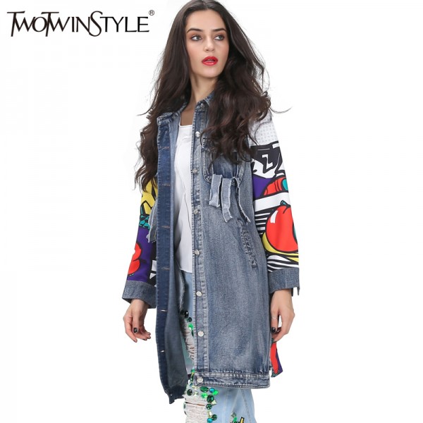 [TWOTWINSLTYLE] Spring Graffiti Print Spliced Ripped Pockets Long Sleeve Denim Trench Coat For Women New Clothing Streetwear